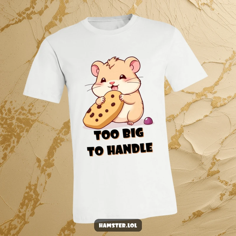 Funny wobbly hamster t-shirt, a hamster with wide eyes trying to hoard an oversized treat, conveying comical determination.