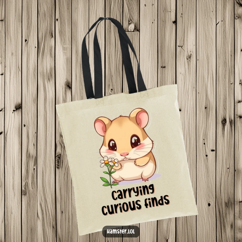 Funny curious hamster tote bag, a hamster with wide eyes sniffing a tiny flower, a stylish and humorous accessory.