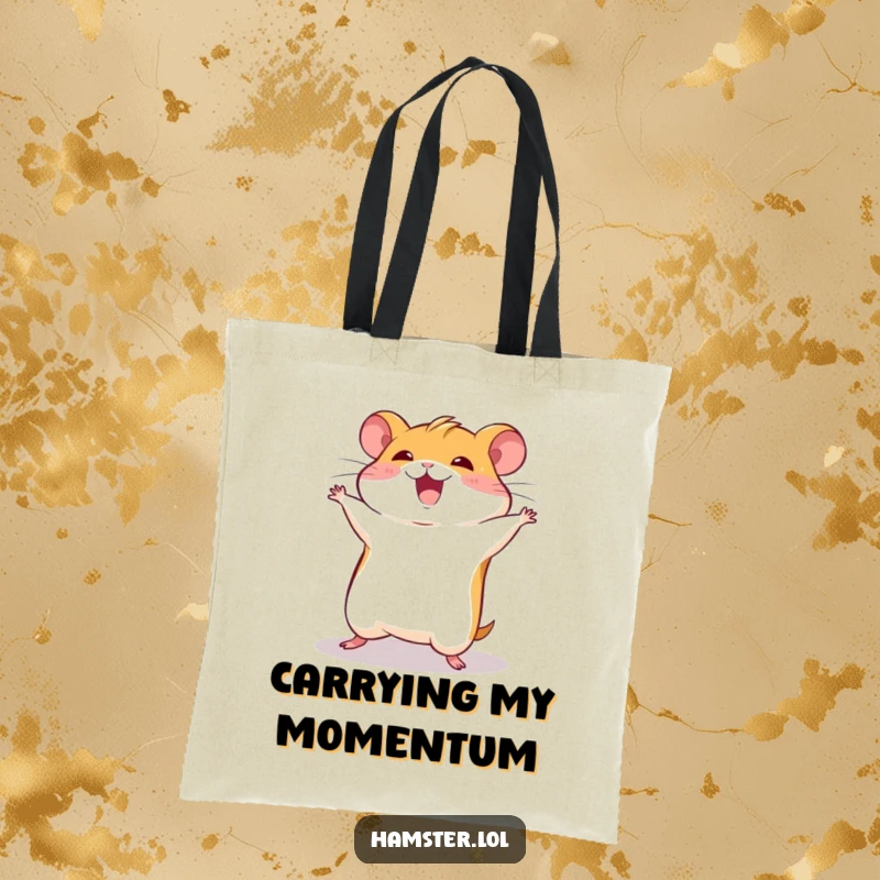 Funny hamster character doing a joyful somersault, featured on a humorous and practical tote bag.