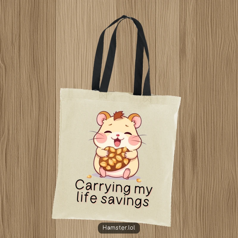 Funny kawaii hamster character with bulging cheeks, carrying an abundance of seeds, showcased on a humorous and practical tote bag.